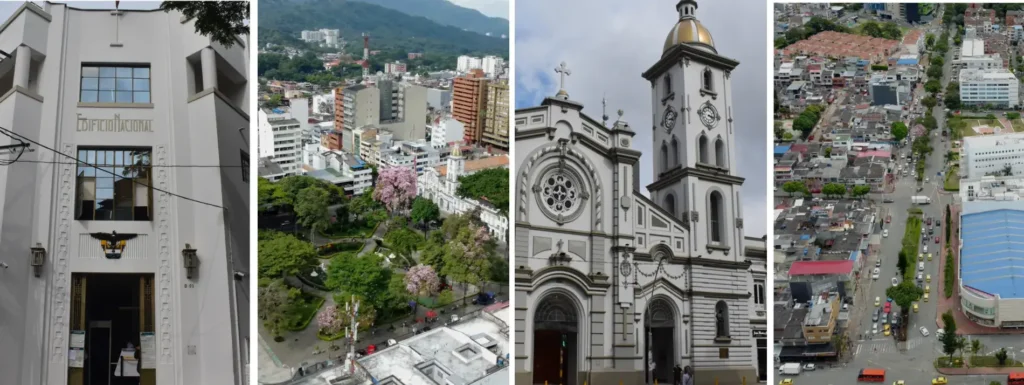 1. Imagen que muestra el Edificio Nacional en Ibagué, hoy sede de la DIAN; hace parte del patrimonio cultural de Ibagué. 2. Fotografía del Centro Histórico de la ciudad. Se alcanza a visualizar la Iglesia y el parque Bolívar. 3. Catedral de Inmaculada Concepción de Ibagué. 4. Panorámica de la Calle 60 en Ibagué, llamada la milla de Oro .